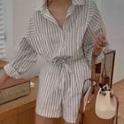 Striped Shirt Romper Stripe - White & Coffee - One Size