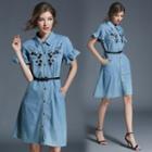Embroidered Short-sleeve Denim Shirt Dress