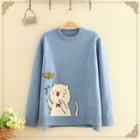 Round-neck Cat Printed Long-sleeve Knitted Sweater