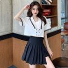 Color-block Short-sleeve Top / High Waist Pleated Skirt