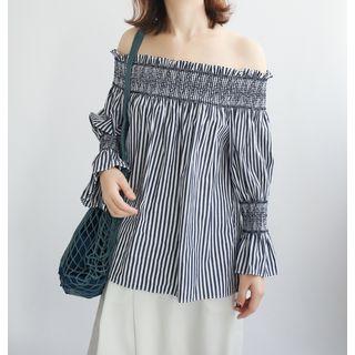 Pinstripe Off-shoulder 3/4-sleeve Blouse