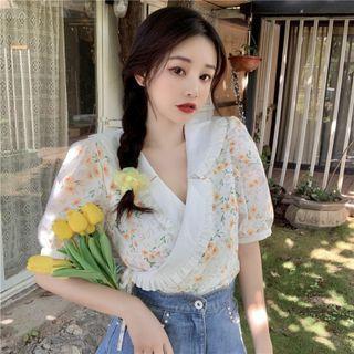 Puff-sleeve Floral Print Frill Trim Blouse