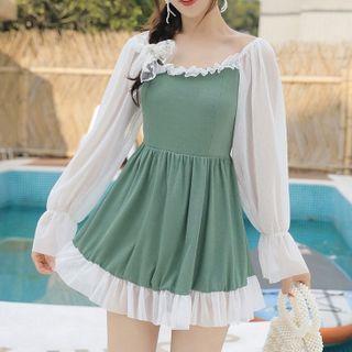 Long-sleeve Two-tone Panel Swimdress