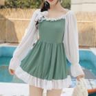 Long-sleeve Two-tone Panel Swimdress