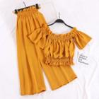 Set: Off-shoulder Cropped Blouse + Wide Leg Pants