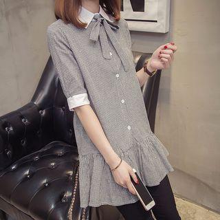Plaid Elbow-sleeve Long Shirt