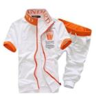 Set: Short-sleeve Color-block Zip Jacket + Cropped Sweatpants