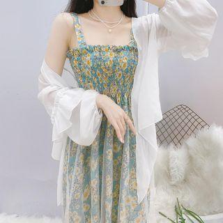 Spaghetti Strap Flower Print Midi A-line Dress / Puff-sleeve Light Jacket / Set