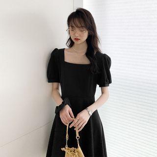 Square-neck Plain A-line Mini Dress Black - One Size