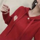 Plain Heart Print Loose Fit Hooded Sweater Red - One Size