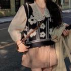Flower Print Vest / Long-sleeve Peter Pan-collar Shirt / Mini A-line Skirt