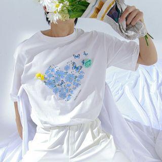 Floral & Butterfly Print Oversized Tee