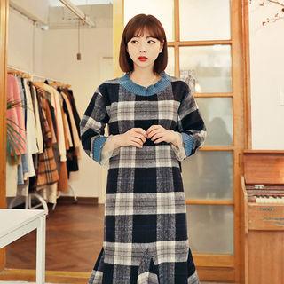 Pleated-trim Checked Knit Dress