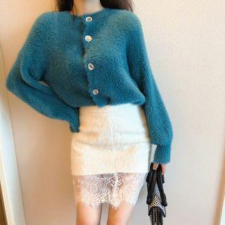 Long-sleeve Open-front Knit Top / Lace Panel Mini Skirt