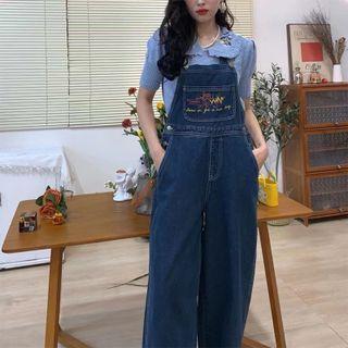 Cartoon Embroidered Wide Leg Denim Dungaree