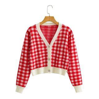Gingham Cropped Cardigan Red & White - One Size