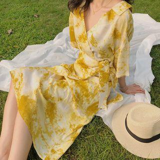 Print Elbow-sleeve Midi Wrap Shirtdress