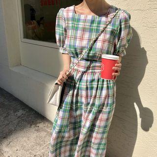 Short-sleeve Square Neck Plaid Dress