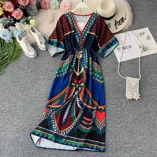 Printed Short-sleeve Wrap Midi A-line Dress
