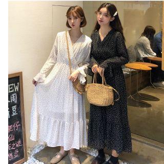 Bell-sleeve Maxi Dotted A-line Dress Dress - Black - One Size