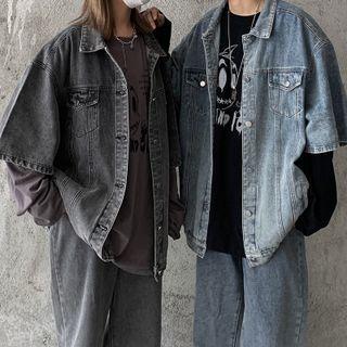 Couple Matching Short-sleeve Distressed Denim Jacket
