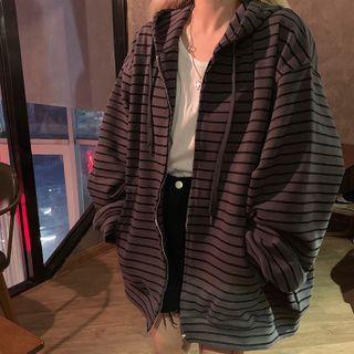 Striped Hooded Zip Jacket Stripe - Gray - One Size