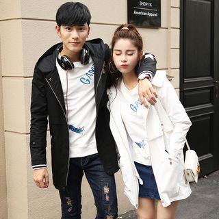 Couple Matching Printed Hooded Long Zip Jacket