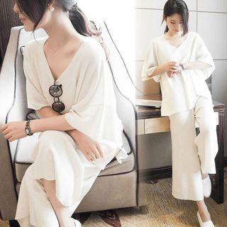 Set: Loose-fit Knit Top + Wide-leg Pants