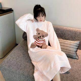 Long-sleeve Bear Print Fleece Midi Sleep Dress