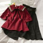 Layered-collar Ribbon Blouse / High-waist Midi Skirt With Belt