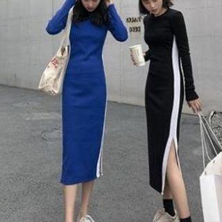 Two-tone Slit Knit Midi Sheath Dres