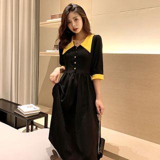 Elbow-sleeve Contrast Collar A-line Midi Dress