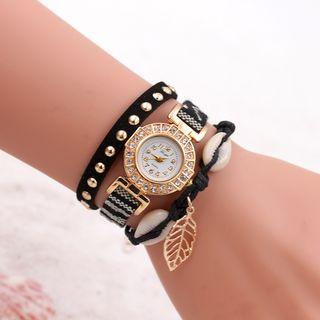 Leaf Studded Rhinestone Layered Canvas Strap Watch