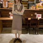Long-sleeve Pleated Shirt Dress / Sleeveless V-neck Knit Dress
