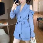 Set: Cold-shoulder Sashed Jacket + Shorts