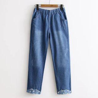 Floral Print Panel Band Waist Jeans