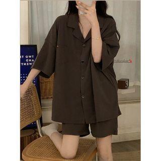 Set: Short Sleeve Plain Oversized Shirt + Plain Shorts Dark Gray - One Size