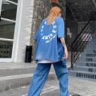 Short-sleeve Lettering Dobby Denim Shirt / Drawstring Lettering Jeans / Set