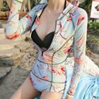 Set: Bikini + Floral Print Long Sleeve Surf Suit