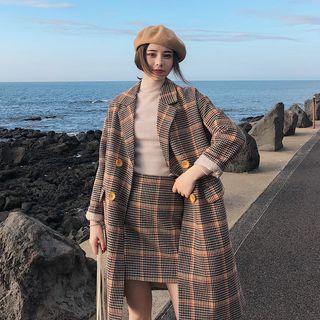Houndstooth Plaid Double-breasted Coat / A-line Skirt