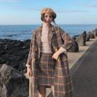 Houndstooth Plaid Double-breasted Coat / A-line Skirt