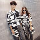 Couple Matching Printed 3/4 Sleeve Coat / Striped Pants