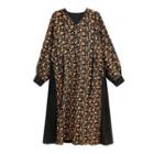 Long-sleeve Flower Print Midi Shift Dress Yellow & Black - One Size