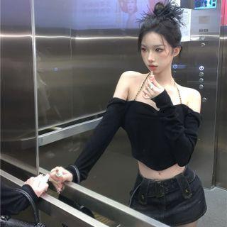 Long-sleeve Off Shoulder Chained Top Black - One Size