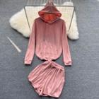 Set Of 2 : Long-sleeve Hooded Sweatshirt + Drawstring Sweat Shorts