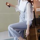Set: Lantern-sleeve Blouse + Suspender Wide Leg Pants