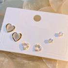 3 Pair Set: Heart Cat Eye Stone / Rhinestone Earring (various Designs) Set Of 3 Pair - Gold & Silver - One Size