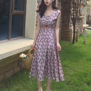 Printed Cut Out Front Sleeveless Midi Dress
