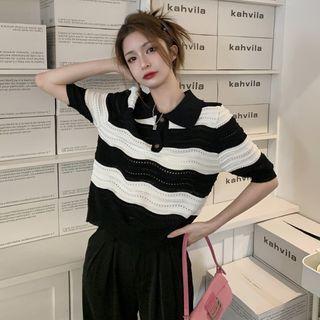 Short-sleeve Lapel Striped Knit Top Stripes - Black & White - One Size