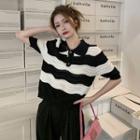 Short-sleeve Lapel Striped Knit Top Stripes - Black & White - One Size